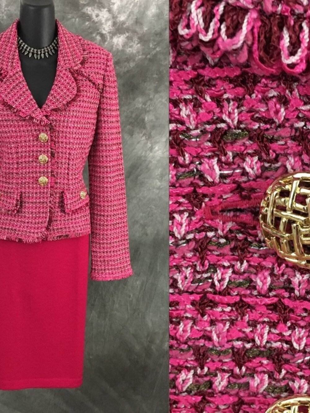 BEAUTIFUL St John knit pink multi fringe jacket skirt suit size 6 8